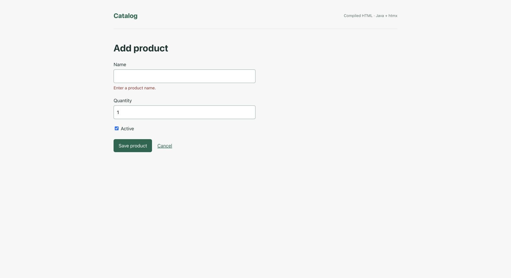 An empty product name returns an inline validation error through htmx