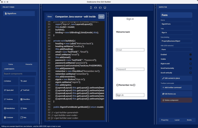 The companion Java source with generated and user-owned regions