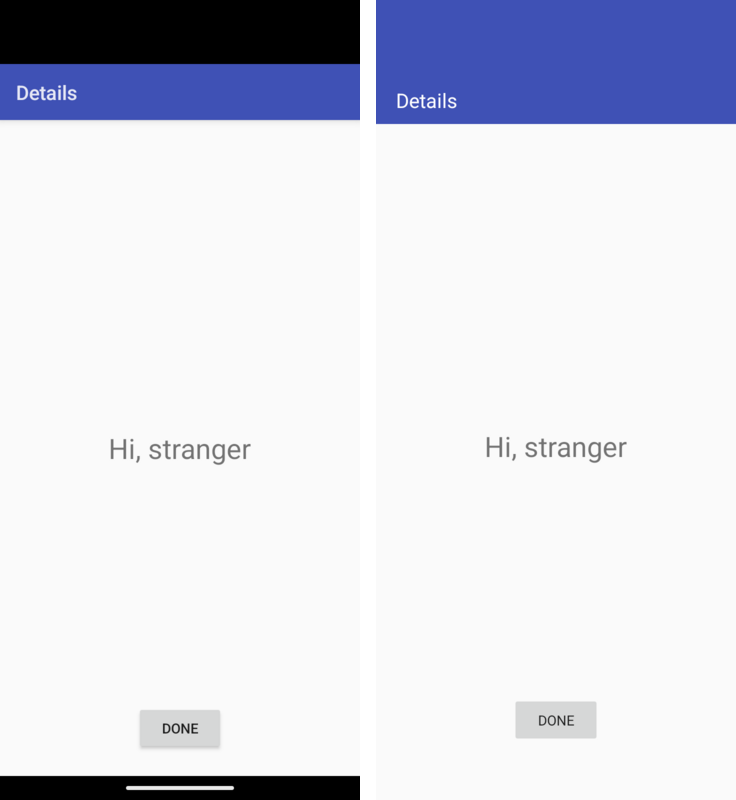 An activity started with an intent, on Android (left) and on Codename One (right)