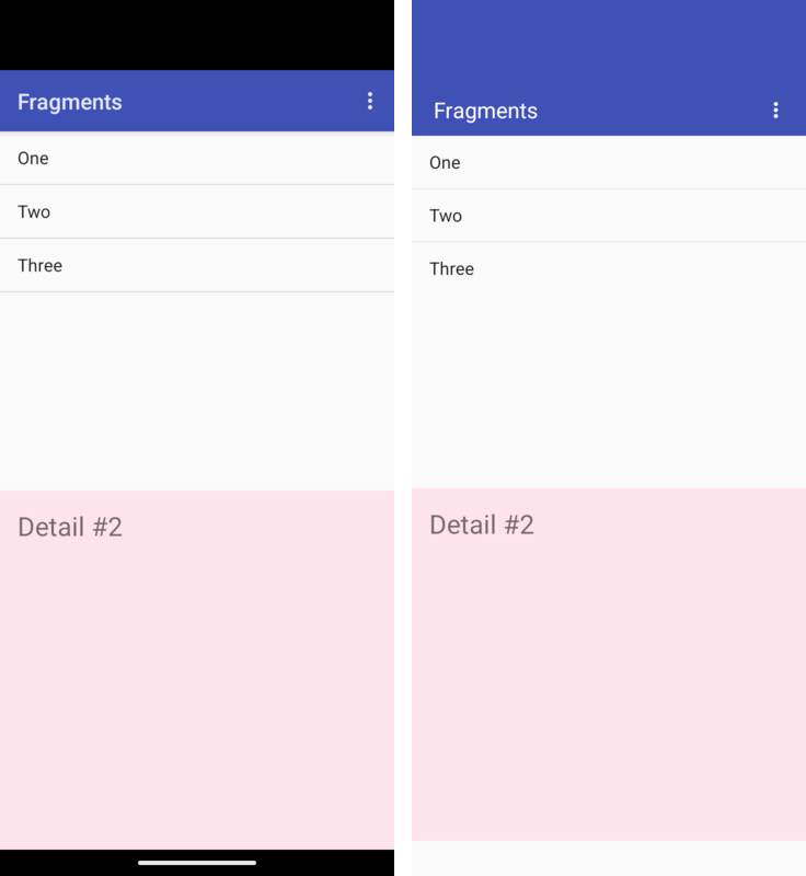 A list fragment above the detail fragment it updates, on Android (left) and on Codename One (right)