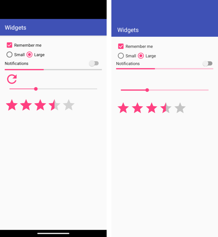 Check box, radio buttons, switch, progress bars, seek bar and rating bar, on Android (left) and on Codename One (right)