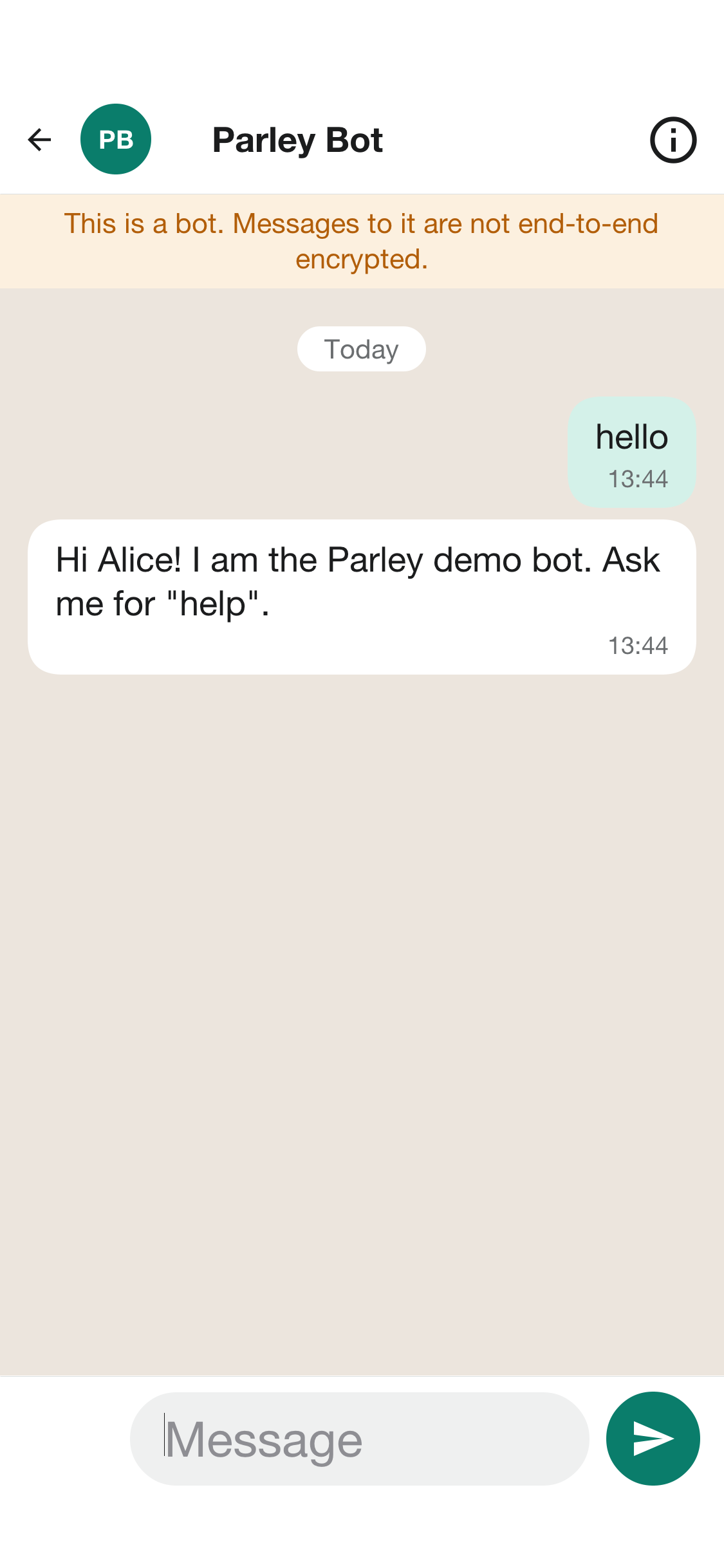 A chat with the demo bot under a banner that says its messages aren’t end-to-end encrypted