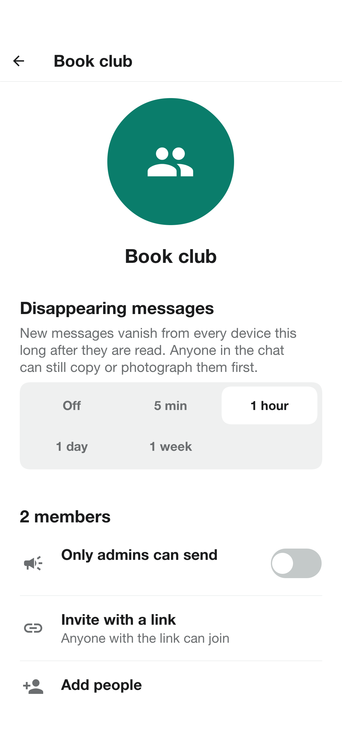 The group information screen with the disappearing messages timer, the members and the link to invite people
