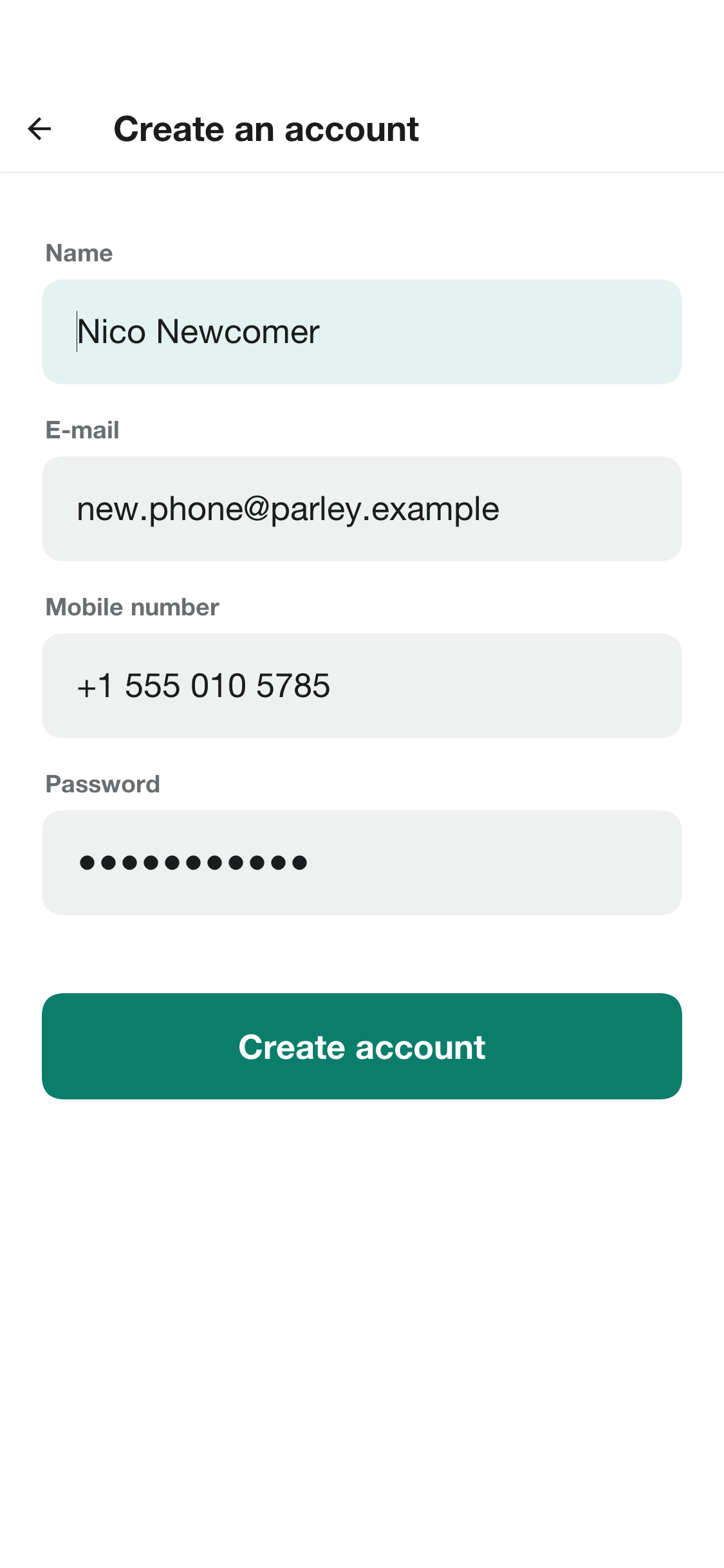 The form for a new account with fields for name, e-mail, mobile number and password