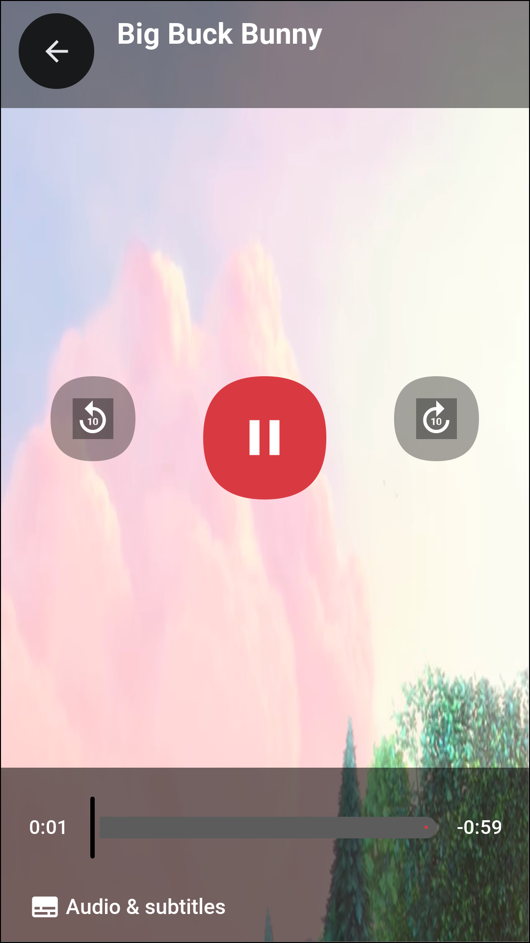 The player over the title’s artwork: the title and episode at the top, back ten seconds, play or pause and forward ten seconds in the middle, and a scrub bar with the time played and the time left over buttons for chapters, audio and subtitles, and the next episode