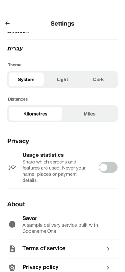 The privacy section of the settings, with the switch for usage statistics