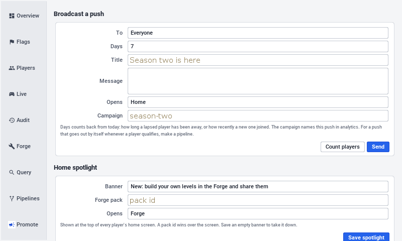 The Promote tab on a desktop: the button that opens Codename One analytics, the player numbers, and the top of the push form