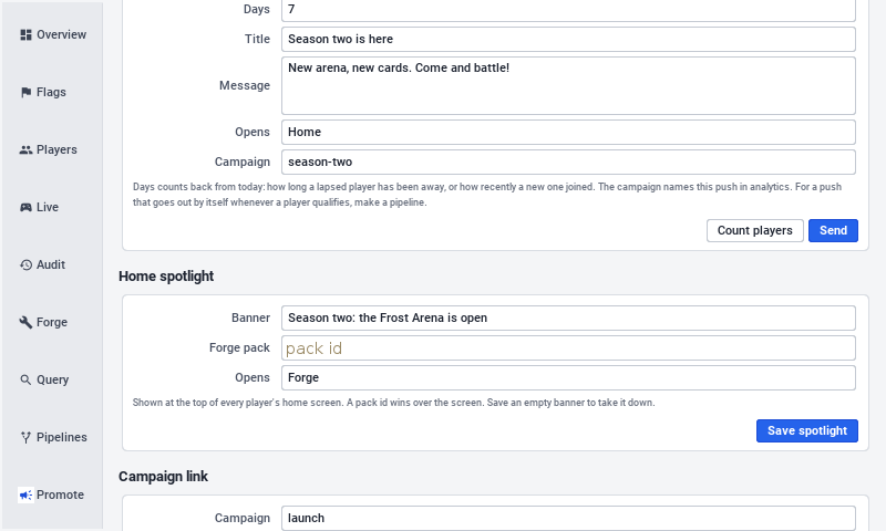 The spotlight editor under the push form: the banner text, an optional Forge pack, the screen it opens, and Save spotlight