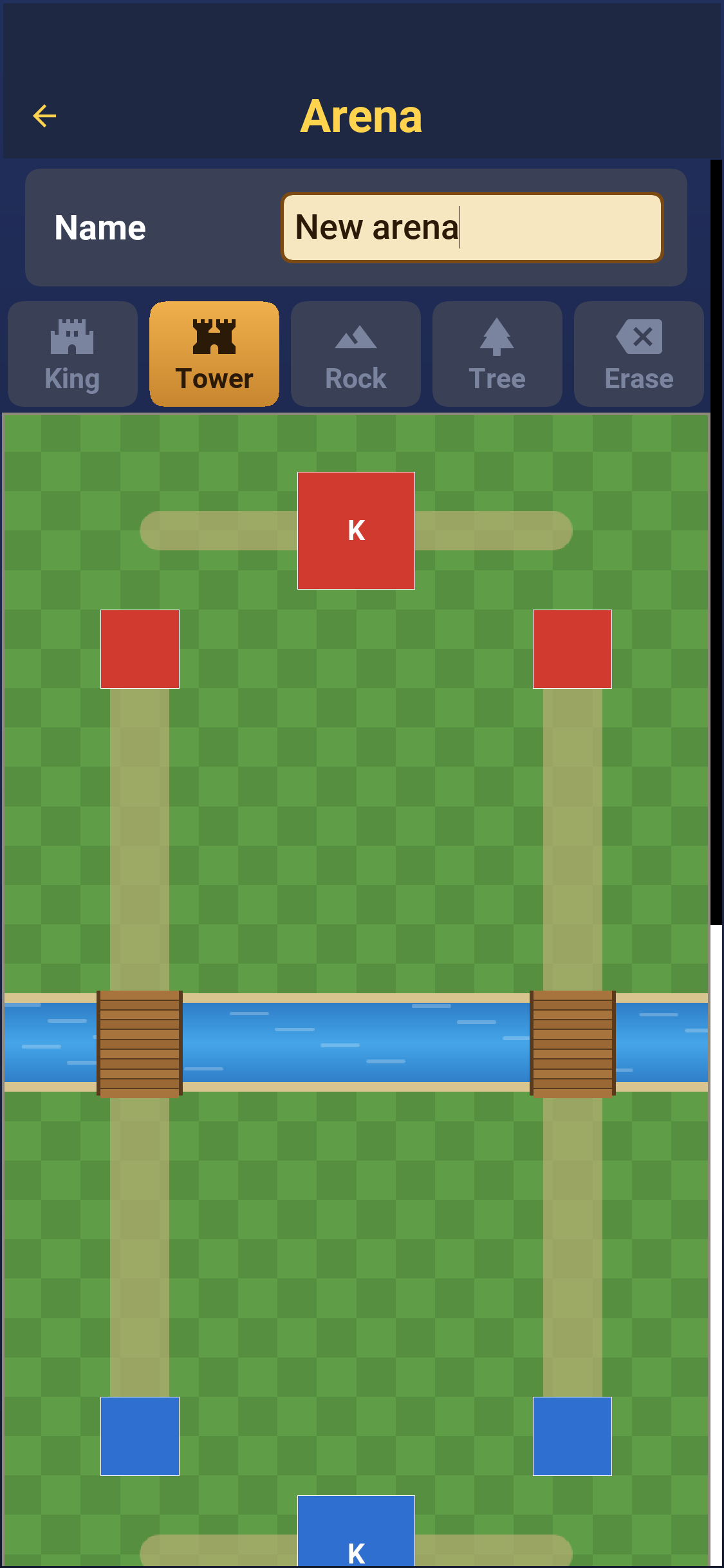 The arena editor: tools for the king, towers, rocks and trees above the field, with both castles and the river drawn on the grid