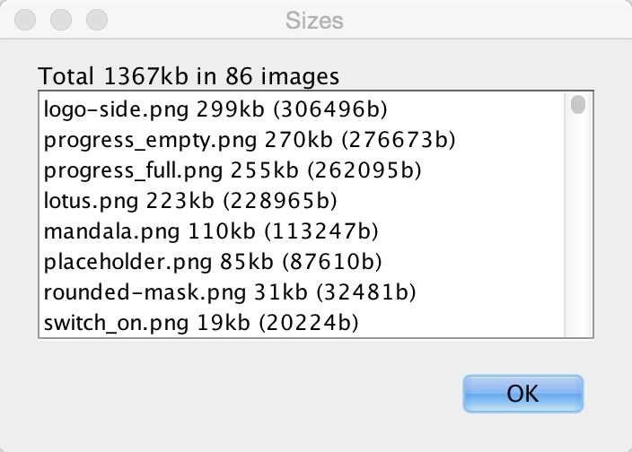Image sizes window that allows us to find the biggest impact on our RAM/Storage